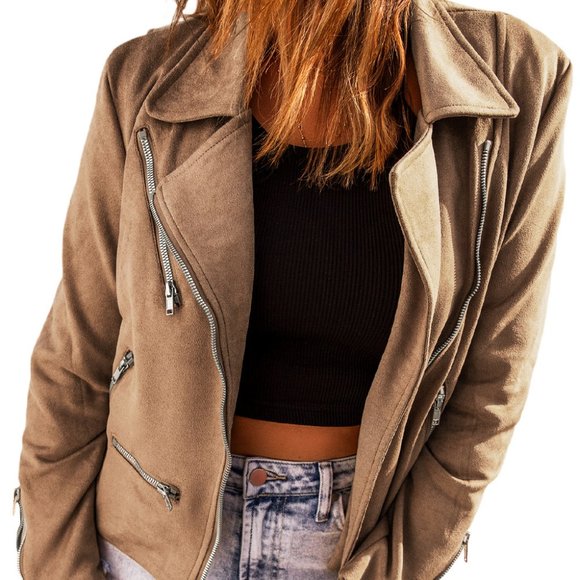 Khaki Zipper Notch Collar Crop Moto Jacket S - Picture 1 of 11